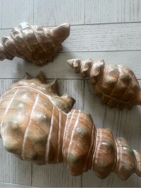 Set of 3 Wooden Decorative Carved Conch Sculptures